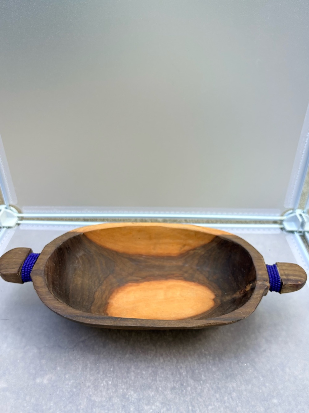 Hand-Carved Wooden Bowl / Trinket Tray with Blue Beaded Handles